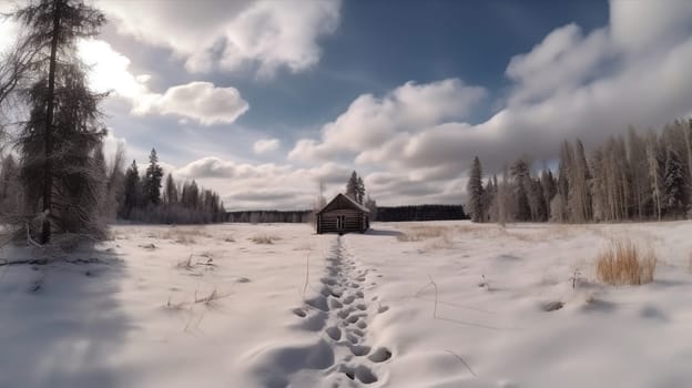 A beautiful winter landscape painting featuring a cozy cabin nestled in the snow-covered woods. The painting captures the peacefulness and serenity of a winter wonderland. The image is generated with the use of an AI.