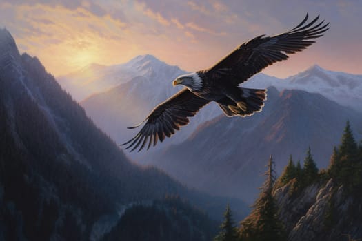 This painting depicts a majestic eagle soaring high above the mountains. The vibrant colors and intricate details bring the scene to life and create a sense of freedom and power. The image is generated with the use of an AI.