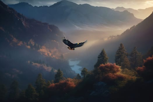 This stunning painting depicts a majestic eagle in flight above a winding mountain river, with vibrant colors and intricate details bringing the scene to life. The image is generated with the use of an AI.