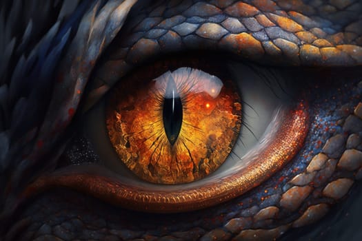 This painting depicts the stunning eye of a dragon, with intricate details and vibrant colors that draw you in. The image is generated with the use of an AI.