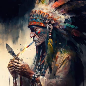 Delve into the rich heritage of Native American culture with this mesmerizing painting, depicting an indigenous person reverently smoking a pipe. The intricate details and symbolism capture the spiritual significance of this ancient practice. The image is generated with the use of an AI.
