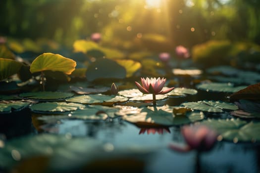 This painting depicts a magical moment where a firefly dances above the surface of a tranquil pond. The image captures the beauty and wonder of nature. The image is generated with the use of an AI.