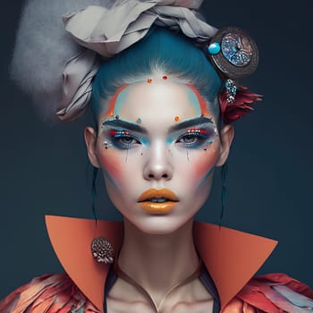 Explore the captivating allure of a girl adorned with vibrant makeup in this stunning painting. The bold colors and intricate details accentuate her unique style, making it a perfect centerpiece for those who appreciate the artistry of makeup. The image is generated with the use of an AI.