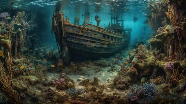 Dive into the mystery of a sunken ship as this captivating painting takes you on an underwater journey. The haunting beauty and hidden stories of the lost vessel are brought to life through intricate details and mesmerizing colors. The image is generated with the use of an AI.