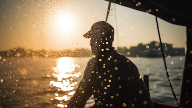 Photo shot of water spatter from fisherman while throwing fishing net from boat. Silhouette of asian fishermen with fishing net in morning sunshine along harbor, generative ai