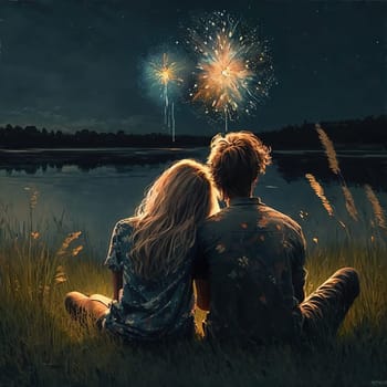 Witness the magic of love as a couple sits on the shore, mesmerized by the dazzling fireworks display in this enchanting painting. The vibrant colors and the shared moment of awe and joy capture the essence of romance and celebration. The image is generated with the use of an AI.