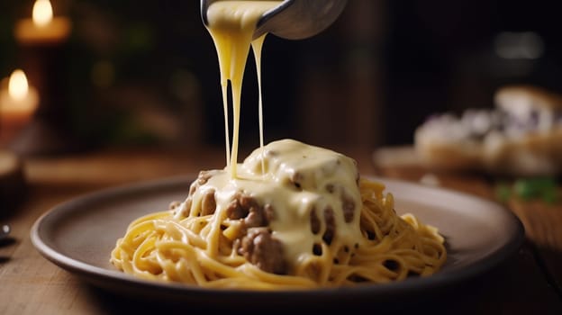 Pouring tasty cheese sauce onto spaghetti with meat on wooden table, generative ai
