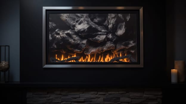 Roaring flames in a modern fireplace with shiny slate framing. Generative ai
