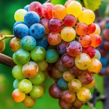 Immerse yourself in the bountiful beauty of nature with this mesmerizing artwork featuring an array of colorful grape clusters. Each grape bursts with vivid hues, creating a visual symphony of colors that celebrates the abundance of nature's harvest. Let this captivating piece bring a touch of natural splendor to your space. The image is generated with the use of an AI.