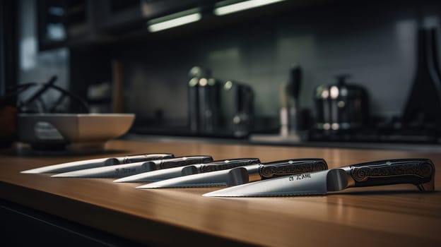 set of kitchen knives on a wooden table, generative ai