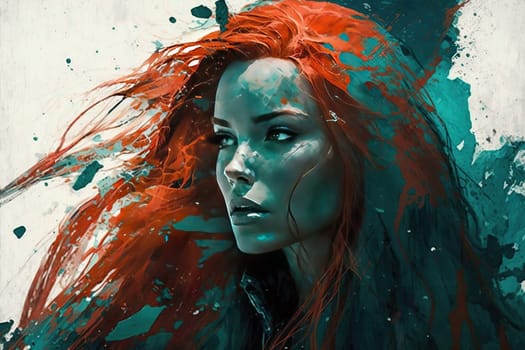This stunning portrait captures the essence of a radiant redhead with long, flowing locks. The vibrant hues and intricate details make it a perfect addition to any wall. The image is generated with the use of an AI.