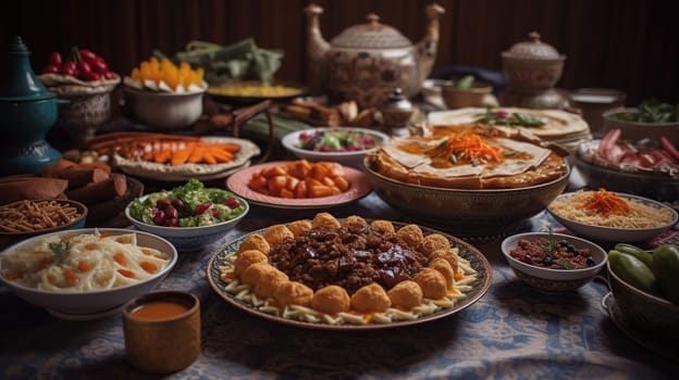 Traditional Eastern dishes on table. Celebration of Eid al-Fitr, Eid Adha, Generative ai