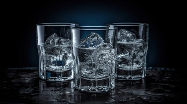 Vodka. Shots, glasses with vodka with ice. Dark background. Generative ai