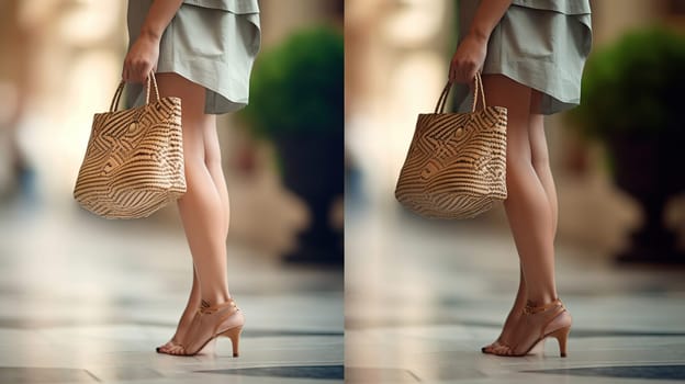 Woman legs with handbag. Shopping and business, generative ai