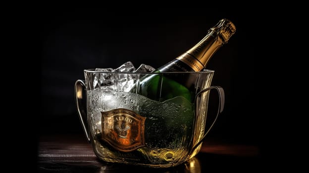Bottle of champagne in bucket of ice, generative ai
