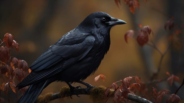 The beautiful black crow sat perched on a tree branch, its keen eyes scanning the ground below in search of food, generative ai