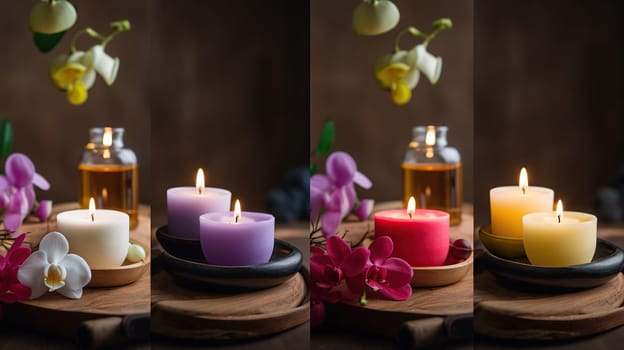 Composition of spa treatment on table colorful candle background, generative ai