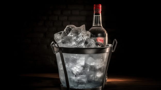 Bottle of cold vodka in bucket of ice on dark background, generative ai