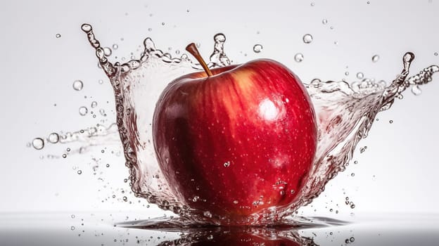 Fresh red apple and splash of water on white background, generative ai