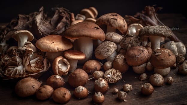 Variety of uncooked wild forest mushrooms yellow boletus, birch mushrooms, russules over dark textured background. Rustic style, natural day light. Top view, food background, generative ai