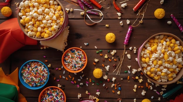 Festa Junina party background with popcorn, peanuts and traditional sweets. Brazilian summer harvest festival concept, generative ai
