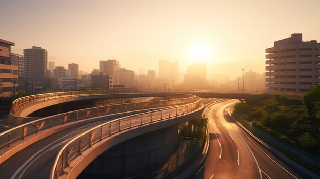 Curved ramp of a highway over streets in Osaka city of Japan at sunrise with illumination and passing road traffic, generative ai