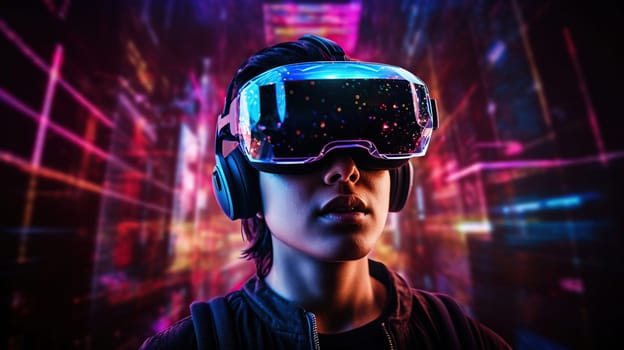 Future digital technology metaverse game and entertainment, teenager having fun play VR virtual reality goggle, sport game 3D cyber space futuristic neon colorful background, generative ai