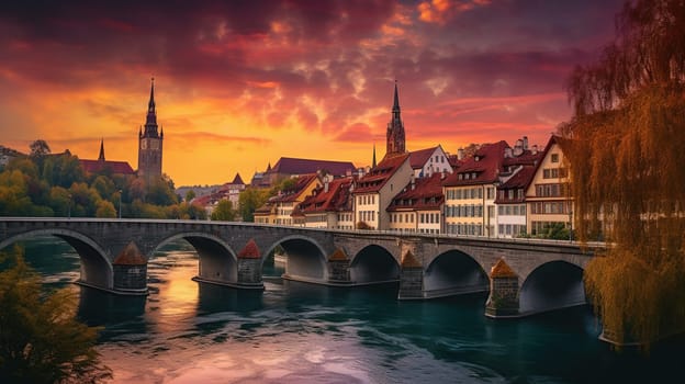 Incredible vivid cityscape. Scenic view Historical Old Town of Bern city with colorful sky, view on bridge over Aare river and church tower during dramatic sunset. generative ai