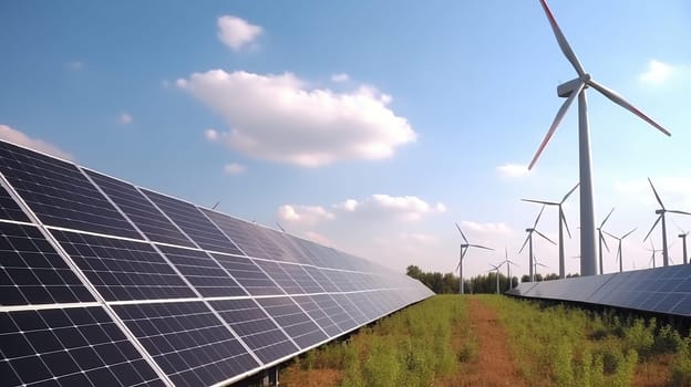Solar panels wind turbines installed as renewable energy sources for electricity and power supply. Innovation and technology, environmental friendly energy. Solar farm under sunny day, generative ai