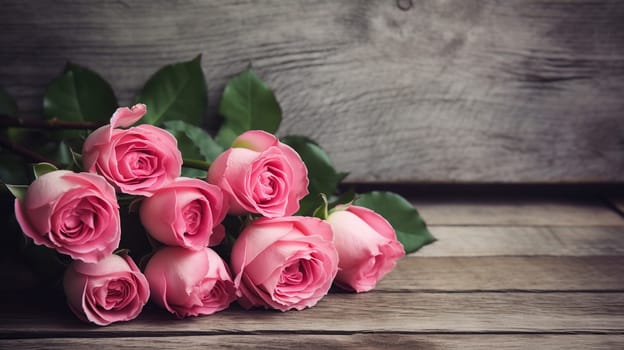 Happy Mother's Day with Pink Roses Over Rustic Wood Background, generative ai