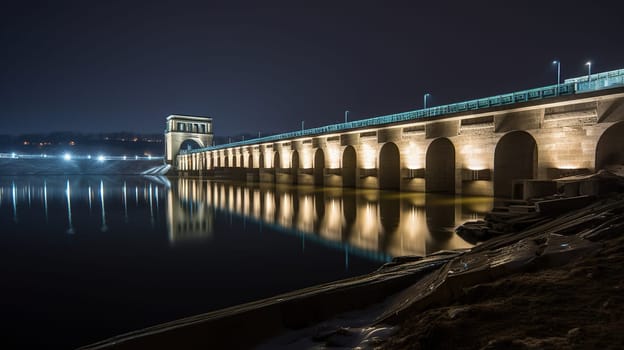 View of the hydroelectric power plant on the river, dusk, long exposure, generative ai