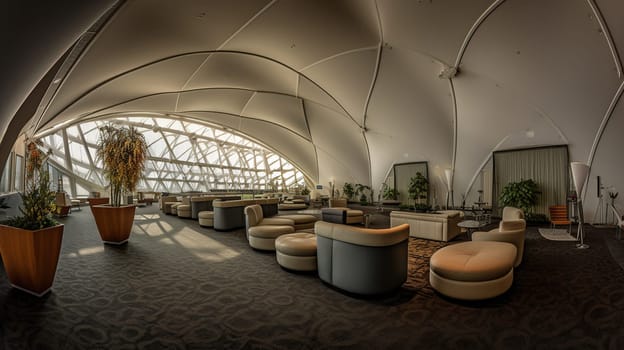Airport lounge VIP area beneath curved organic tent ceiling, generative ai