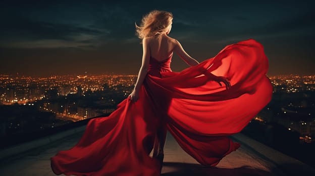 Fashion Woman in Red fluttering Dress Back Side Rear View. Glamour Model dancing with Long Silk Fabric flying on Wind over Night Sky City Light Landscape, generative ai