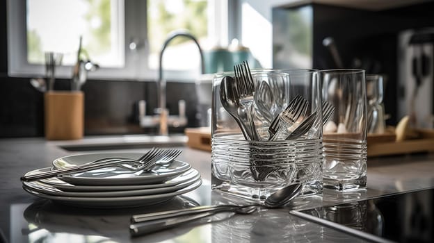 Clean dishware and glasses on white marble table in kitchen, generative ai