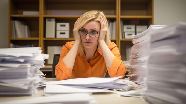 Desperate office worker overwhelmed with paperwork, generative ai
