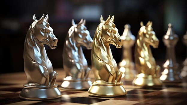 Golden chess unicorn with silver pawns - 3D illustration, generative ai