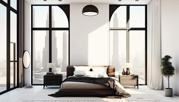 Nordic bedroom with large window and high ceiling. Generative AI