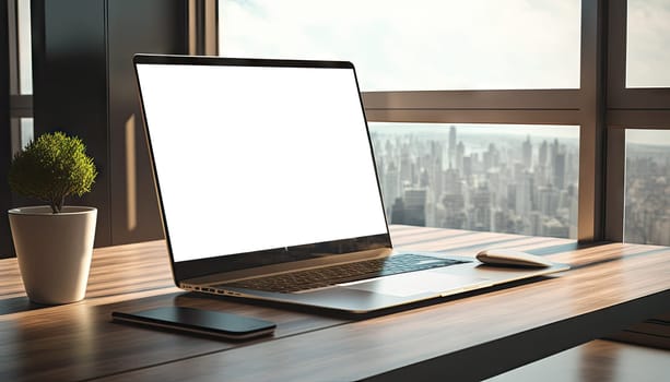 Mock up laptop computer on working table in modern room with city view in the background, Generative AI
