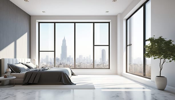 Modern minimal white bedroom in apartment with large window and city view. Generative AI
