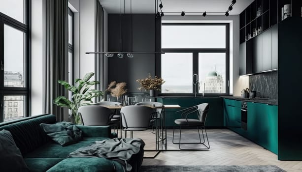 Modern stylish dark green apartment large window and high ceiling. Generative AI