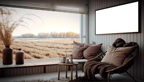 Nordic living room with brown sigle sofa near large window with filed view. Generative AI