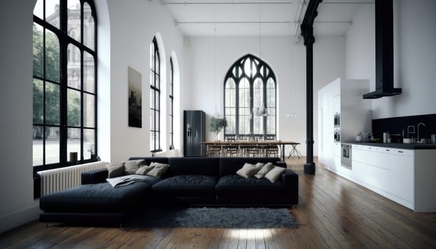 Nordic living room open plan with kitchen and high ceiling. Generative AI