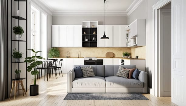 Modern white apartment, living room and kitchen with large window and decoration. Generative AI