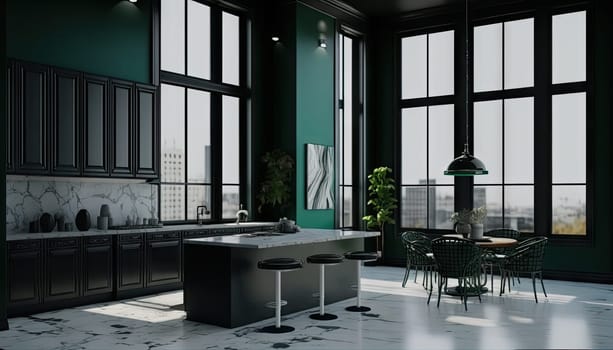 Modern stylish dark green apartment large window and high ceiling. Generative AI