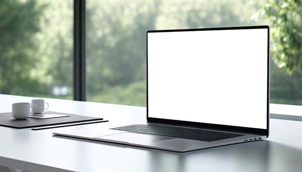 Mock up laptop computer on white table in white minimal room with green garden view background. Generative AI