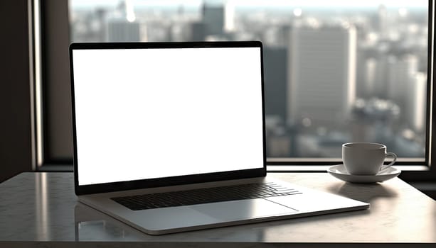Mock up laptop computer on working table in modern room with city view in the background, Generative AI