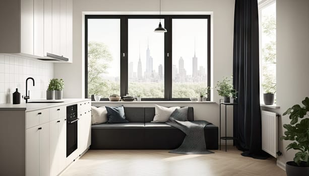 Trendy furnished apartment with high ceiling and wooden floor. Generative AI