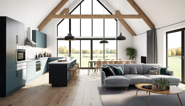 Trendy furnished apartment with high ceiling and wooden floor. Generative AI