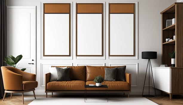 Brown and white modern living room with mock up frame,sofa and decoration. Generative AI