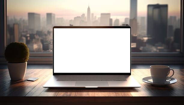 Mock up laptop computer on working table in modern room with city view in the background, Generative AI